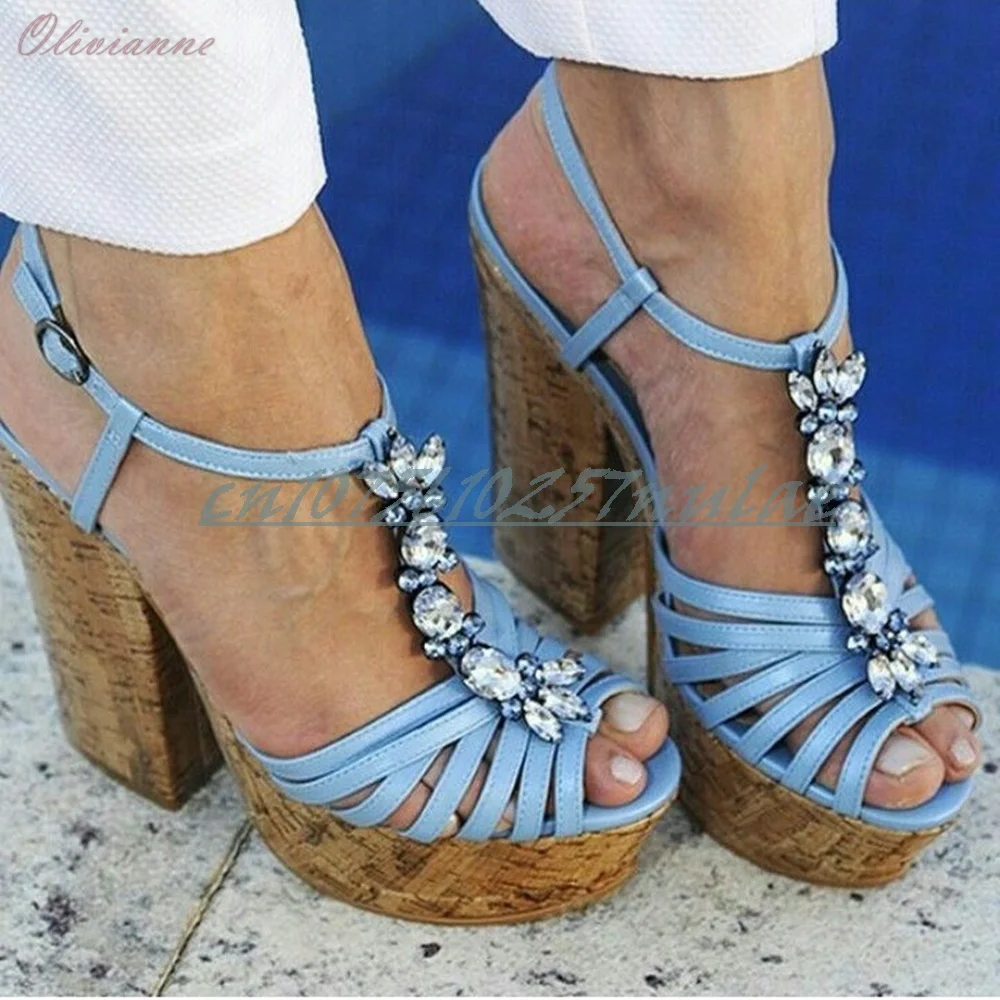 

Blue Front Crystals Decor Hollow Sandals Ctoss Tied Chunky High Heel Elegant Retro Style 2025 Spring Women Shoes Para Mujere