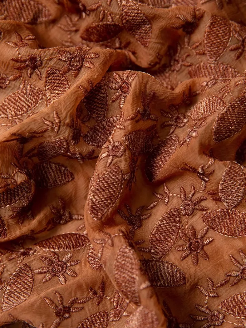 Women's Fashion Early Autumn New 100% Natural Mulberry Silk Embroidered Ochre Color Elastic Waist A-line Skirt