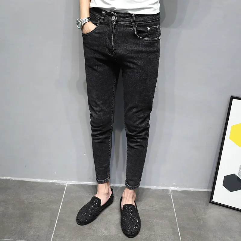 Slim Fit Black Jeans Men's Elastic Trendy Korean Style Casual Nine Points Pants Youth Popular Spring Autumn Winter Jeans