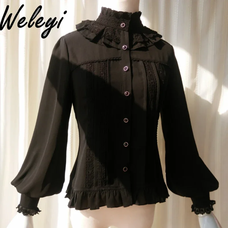 

Jirai Kei Tops Lolita Long Lantern Sleeve Lace Blouse Ladies Sweet Stand Collar Top Vintage Princess Lapel Black Shirts Female