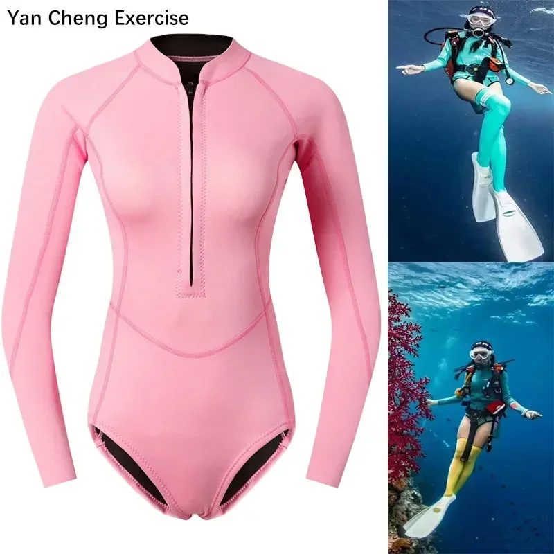 

Woman Diver Diving Suit 2mm Neoprene Diving Equipment Pink Long Sleeve Bikini Swimsuit Women Korean Swimwear