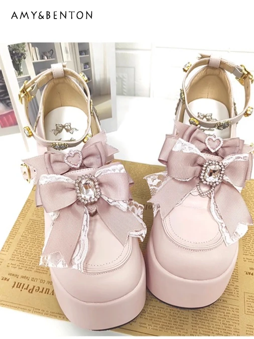 

Lolita Mary Jane Shoes Japanese Mine Series Beaded Rhinestone Bow Round Toe Thick Sole High Heels Mass-Produced Women Shoes