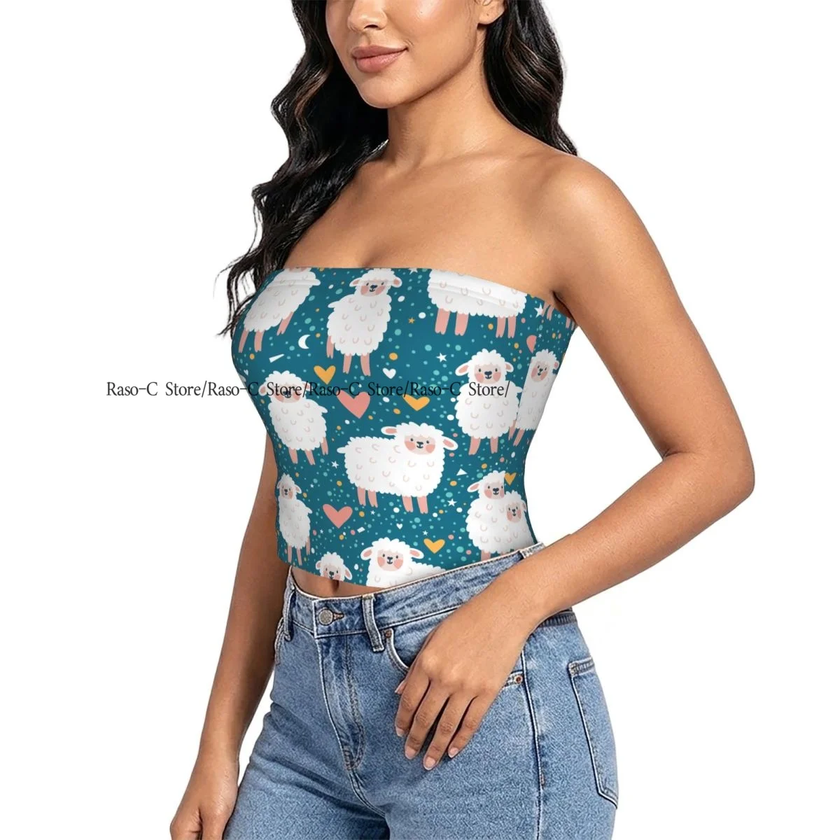 Strapless Sexy Tube Tops Summer Outfits Women Backless Shoulder Wrap Cute Sheep Heart Star And Dots Female Crop Top
