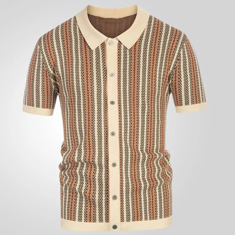 Vintage Striped Crochet Knitted Shirts Mens Spring Summer Casual Short Sleeve Buttoned Lapel Knit Tops For Men Trendy Cardigans