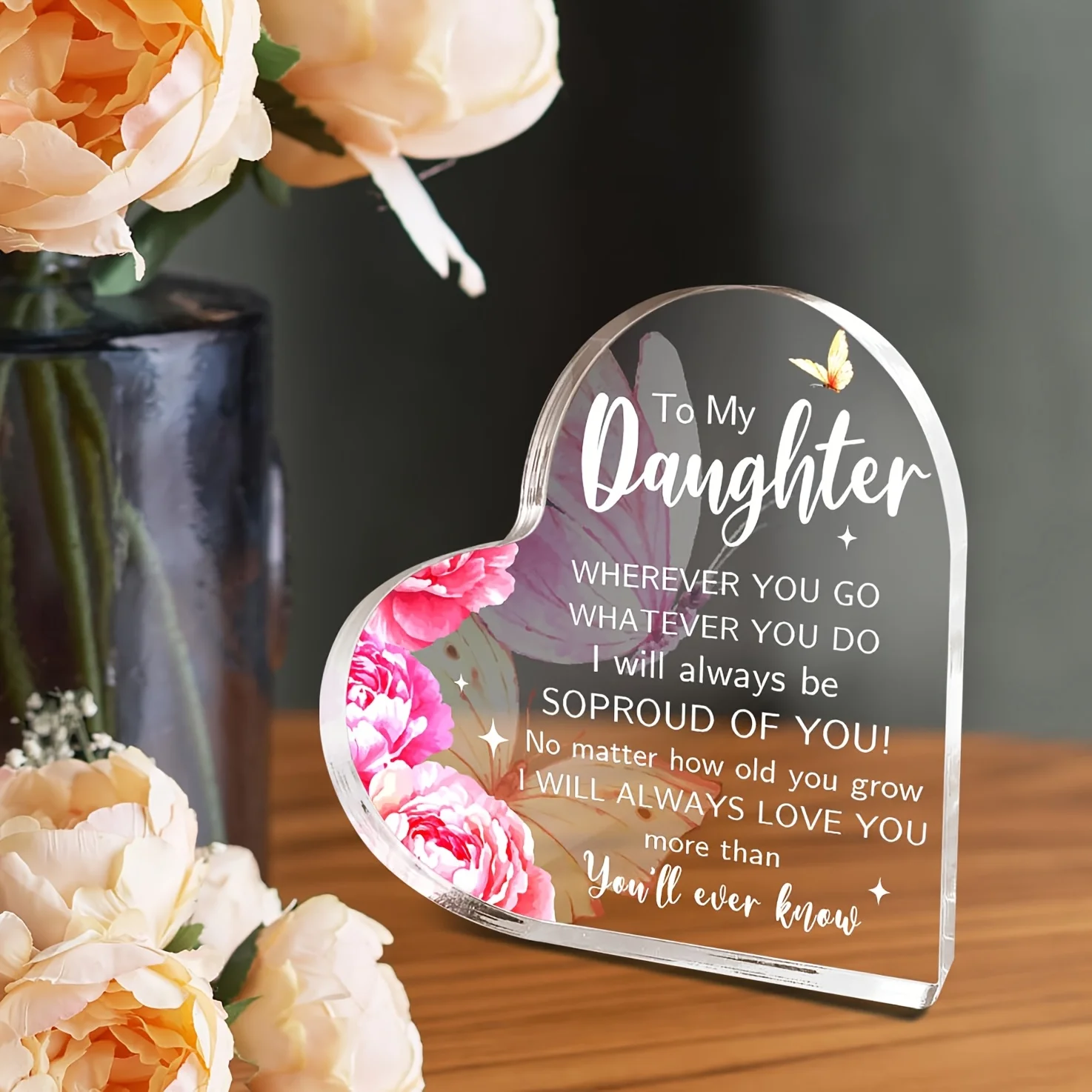 CIFBUY Acrylic Ornament 2D Flat Heart Shape Pink Watercolor Butterfly Flower Desktop Sitter Daughter Room Desk Home Decor Gift O