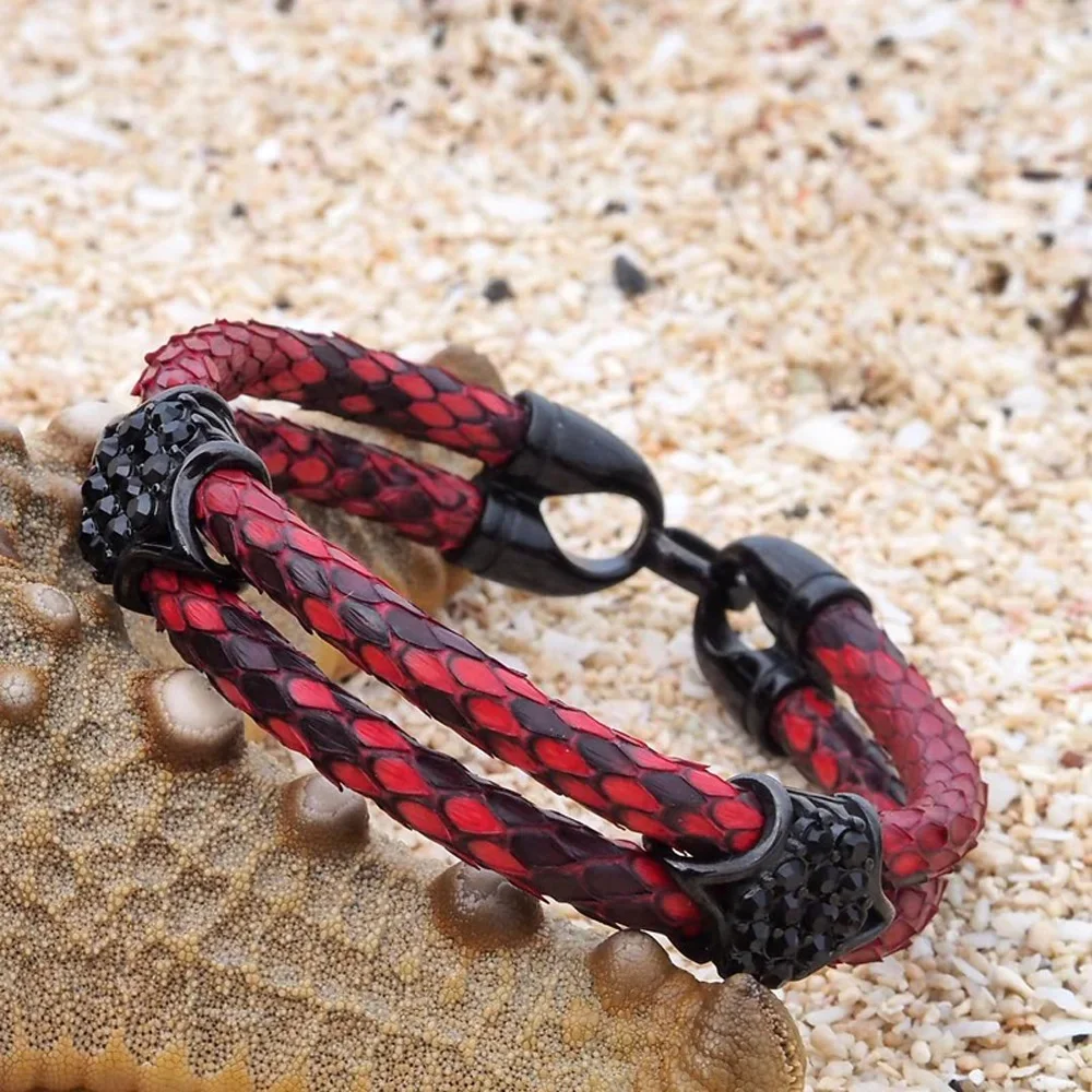 Python Skin Leather Bangle Real Python Skin Leather With Steel CZ Bracelet