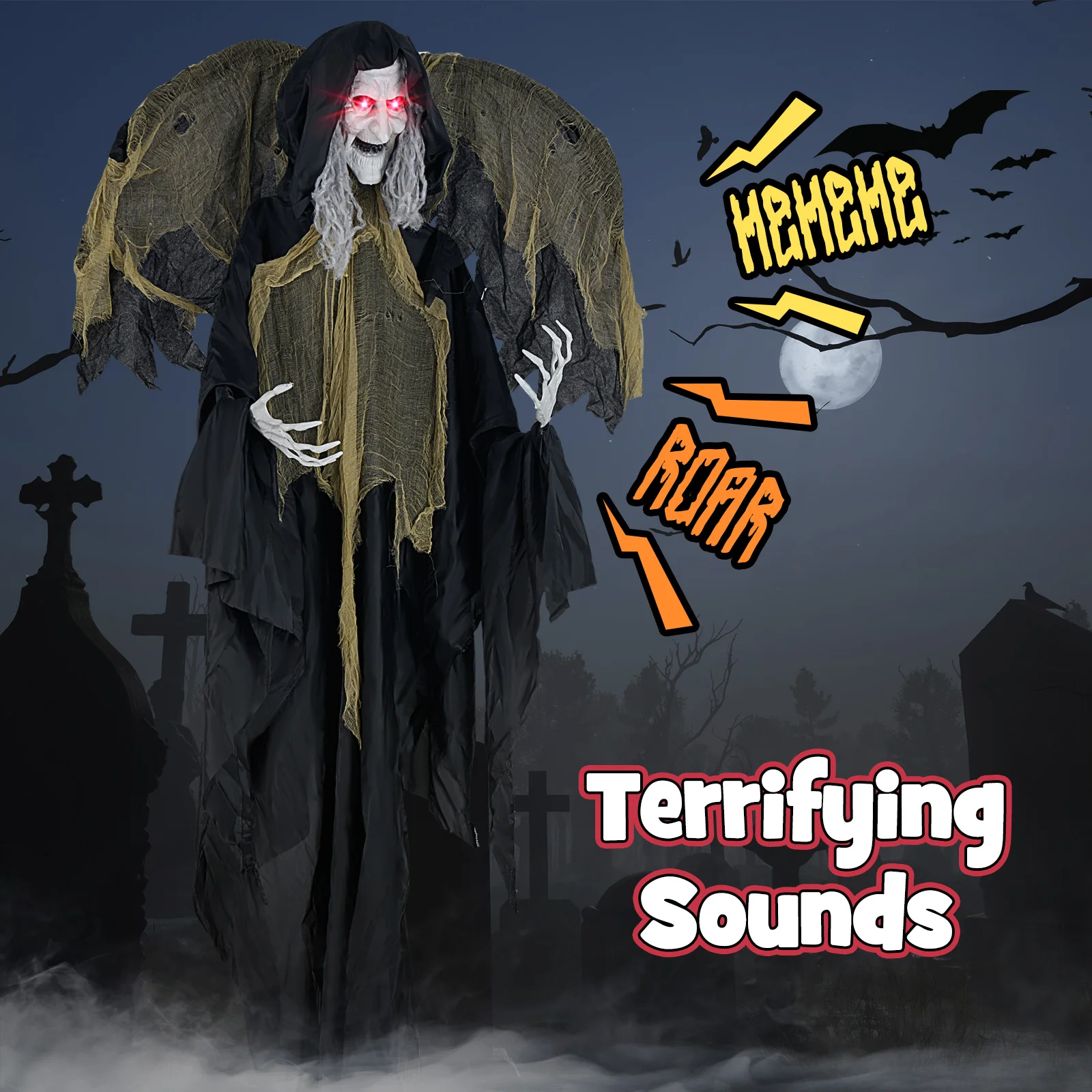 8. 2 FT Halloween Standing Witch, Poseable Halloween Animatronic Prop with Light up Eyes, Sounds & Movements 6