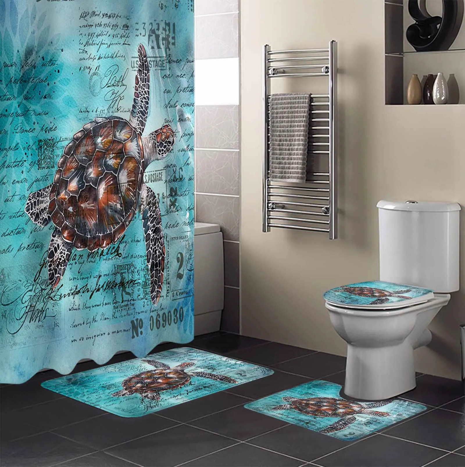 Summer Ocean Turtle Retro Shower Curtain Set Non-Slip Rugs Bath Mat Toilet Lid Cover Waterproof Bathroom Curtain