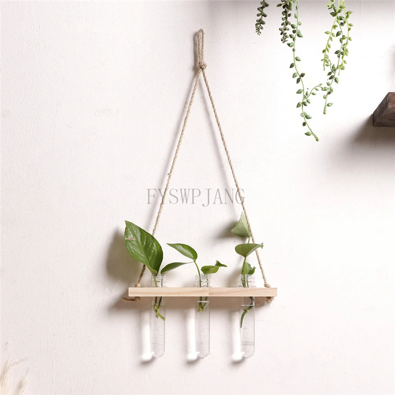 

Bohemian Wooden Test Tube Vase Indoor Wall Hanging Hydroponic Plant Container Simple Home Bedroom Decoration