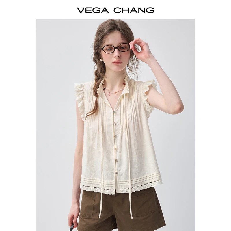 

Новая летняя женская блузка Vega Chang из чистого хлопка во французском стиле с маленькими рукавами-крылышками, кружевными вставками и шнуровкой, свободного кроя