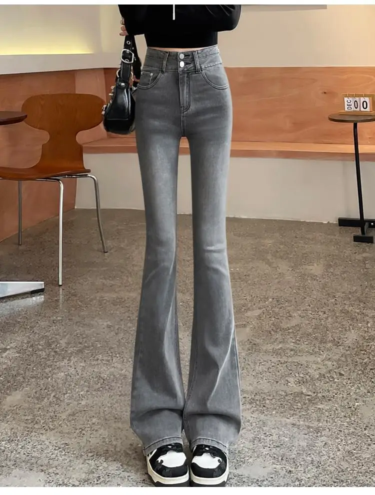 Woman Vintage Streewear Flare Jeans Female Designer Bell Bottom Pants Girls Deep Gray Grey Black Thin Leg Denim Trousers XK133