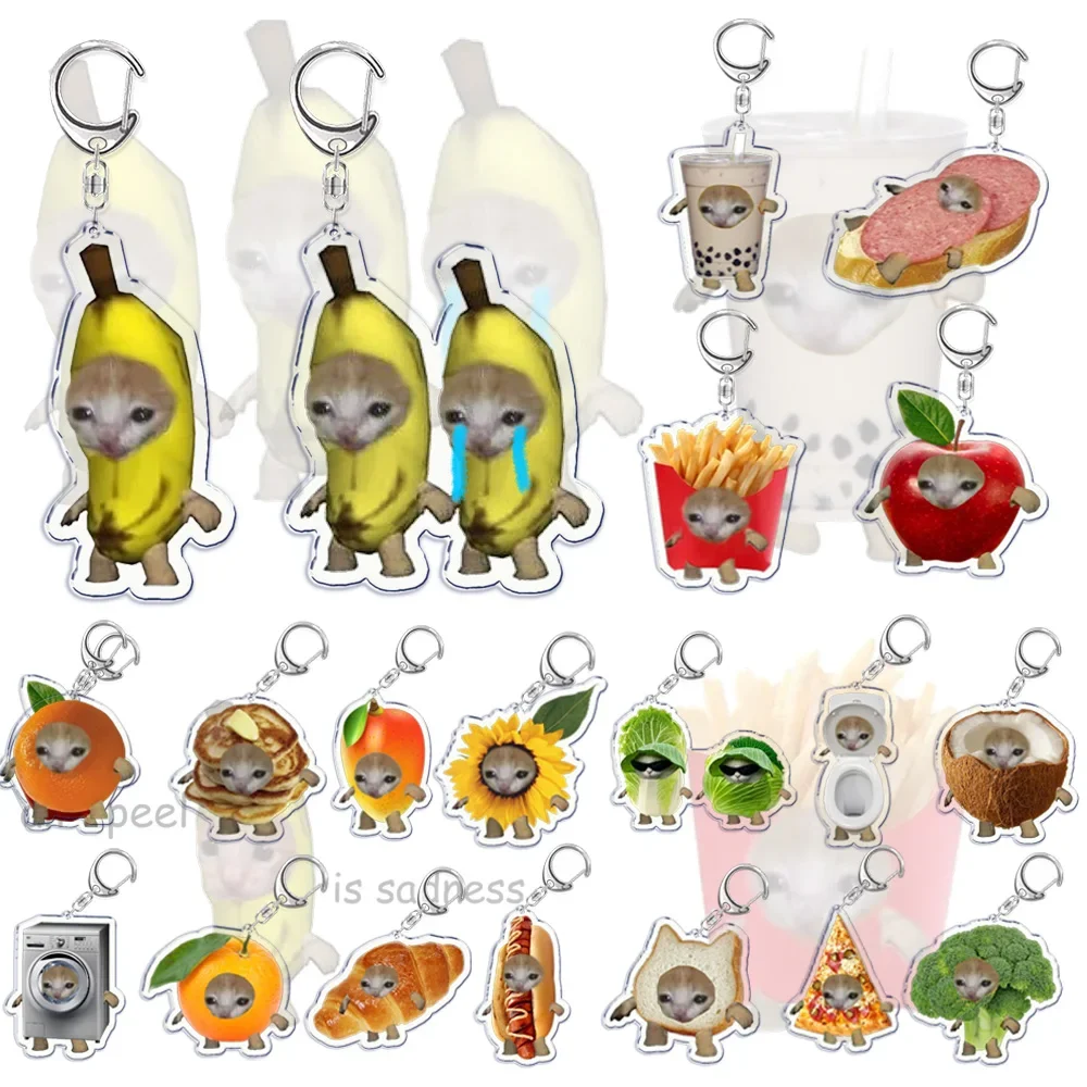 Cute Banana Cat Meme Keychain Funny Happy Cats Pendant Keyring Keyfob for Women Jewelry Accessories Gifts Egg Puzzle Cat Crying