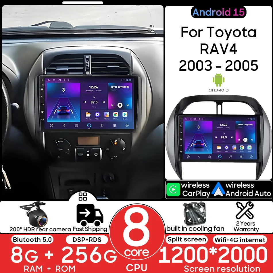 

Для Toyota RAV4 RAV 4 2003 2004 2005 Android 15 Автомобильный мультимедийный видеорадиоплеер Головное устройство GPS-навигация CarPlay Auto без 2din