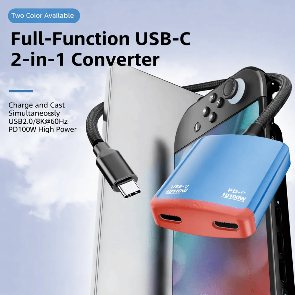 2 in 1 Type-C Splitter Full Function 100W PD Fast Charging AR Glasses Screen Cast Converter 8K@60Hz HD Video