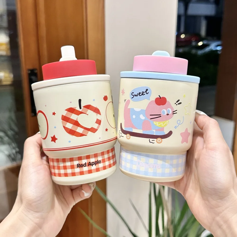

High Appearance Cartoon Double Drink Thermos Cup Leak Proof with Straw Car Water Cup Vacuum Insulated Insulated Cup Office