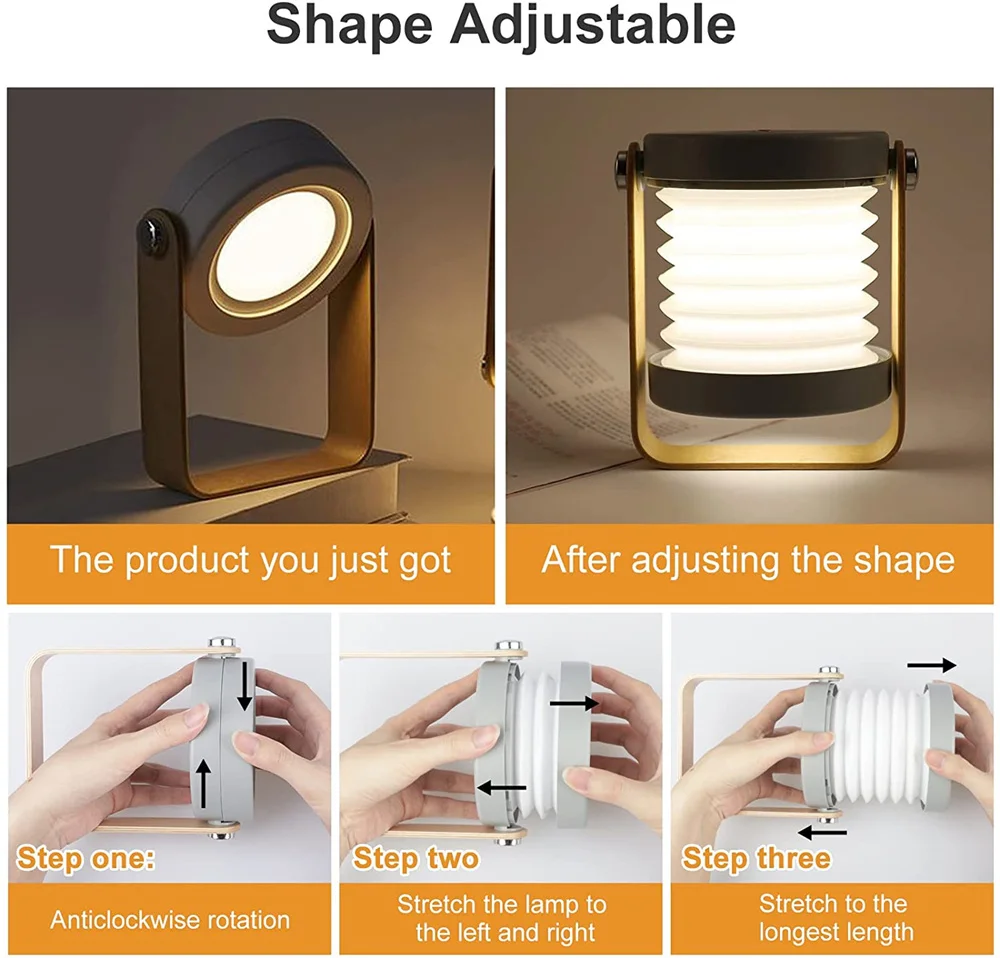 Foldable LED Bedside Table Lamp Dimmable Lantern Night Light Portable Desk Lights USB Rechargeable For Reading Camping Indoor