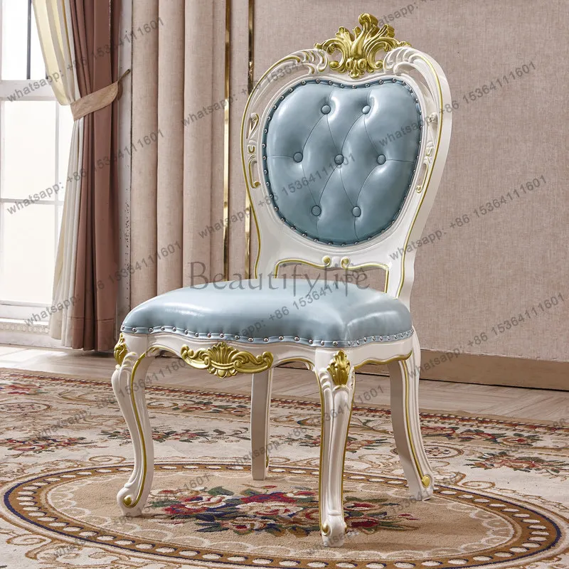 

European American all solid wood leather dining chair solid wood carving flower antique dining chair