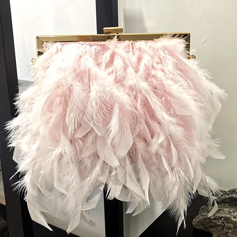 Luxury Ostrich Feather Handmade Evening Bag Beads Beading Handle Women Handbag Wedding Party Clutch Purse Shoulder Crossbody Bag