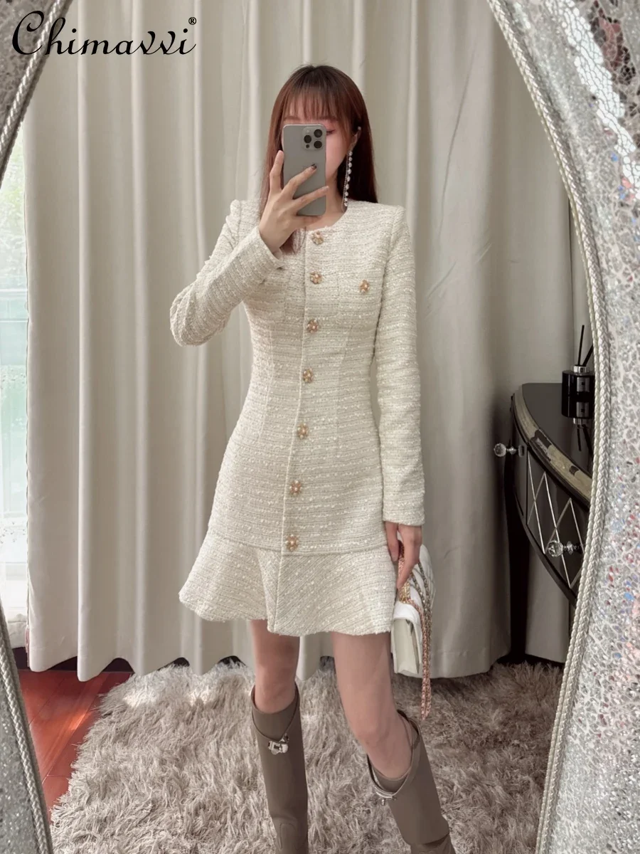 

New Dresses 2023 Autumn Winter High-End Tweed Slim-fit French Dress for Women Fashion Round Neck Long Sleeve Creamy-white Dress