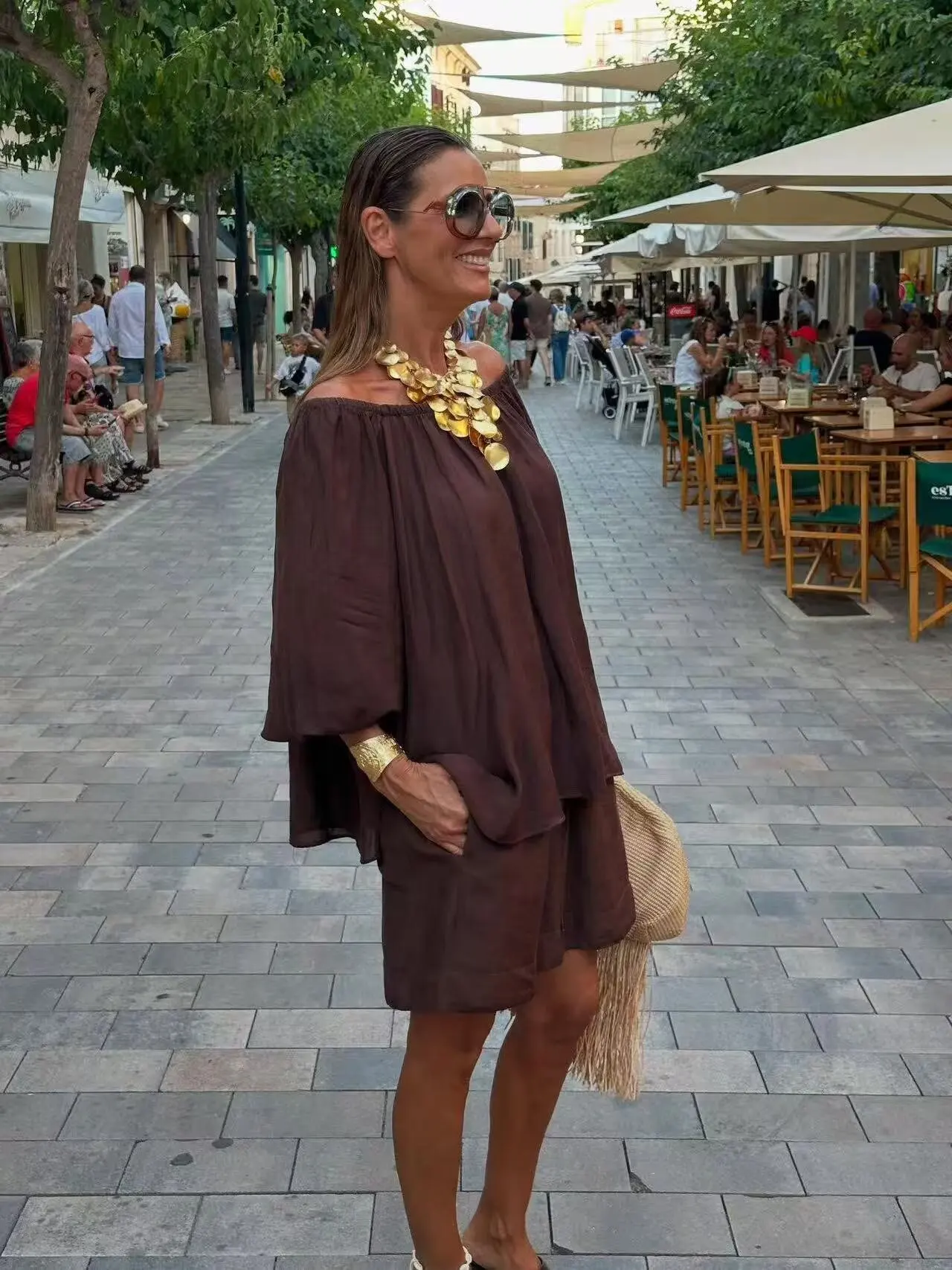 BB6670 2025 Summer New Women's Loose One Word Collar Off Shoulder Bubble Collar Long Sleeve Shirt Top 4043010