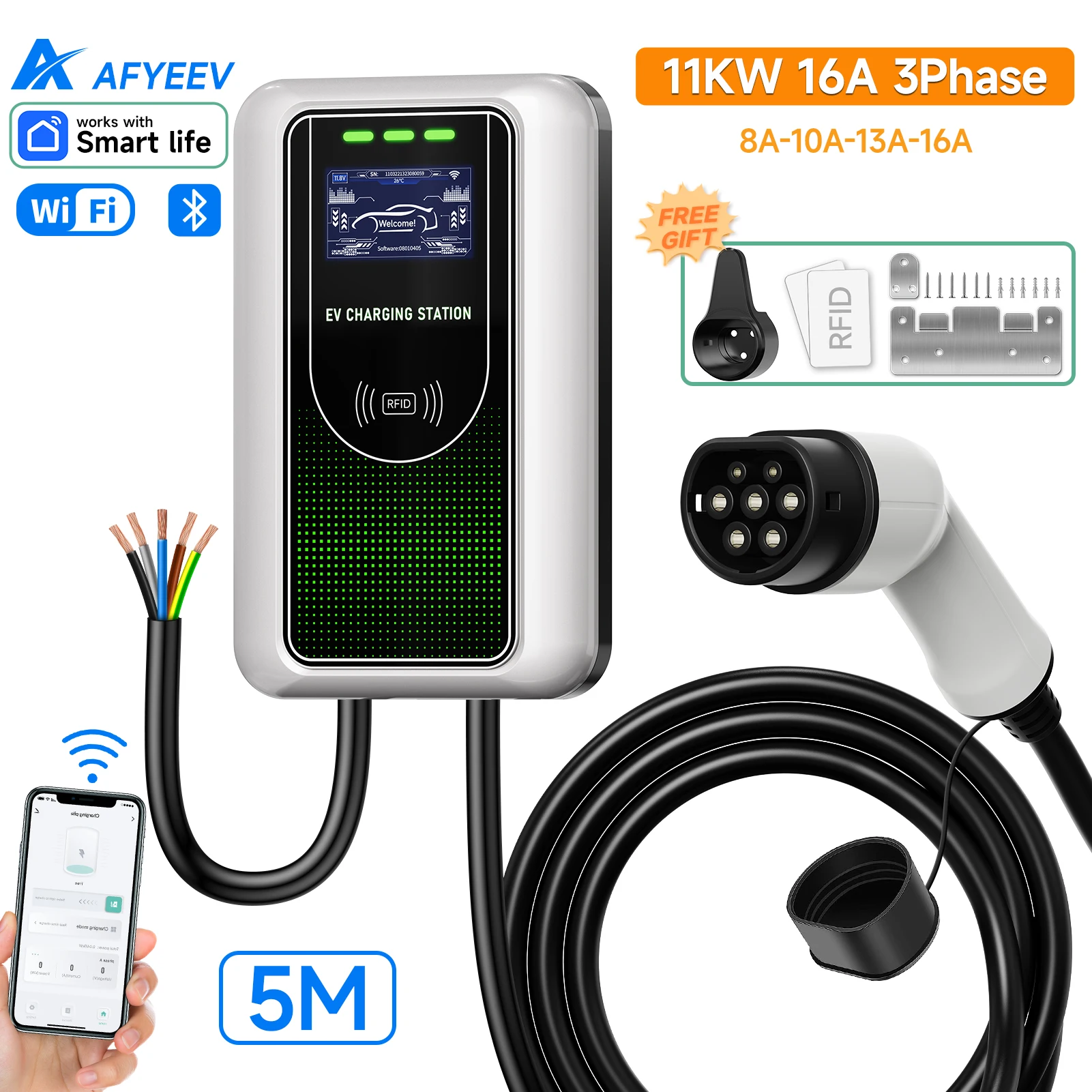 AFYEEV Type2 EV-oplader 32A 7,6KW laadstation Autolader 11KW 22KW 3 fase EVSE Wallbox APP Bluetooth WiFi-afstandsbediening - afbeelding 1
