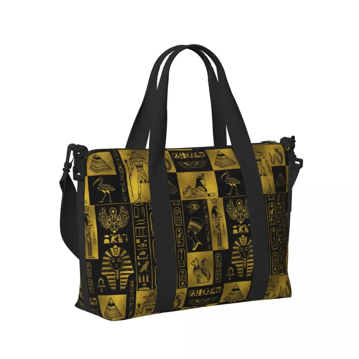 カスタムレトロエジプトゴールド象形文字とシンボルトートバッグ大容量エジプト象形文字ジムビーチショルダートラベルバッグ