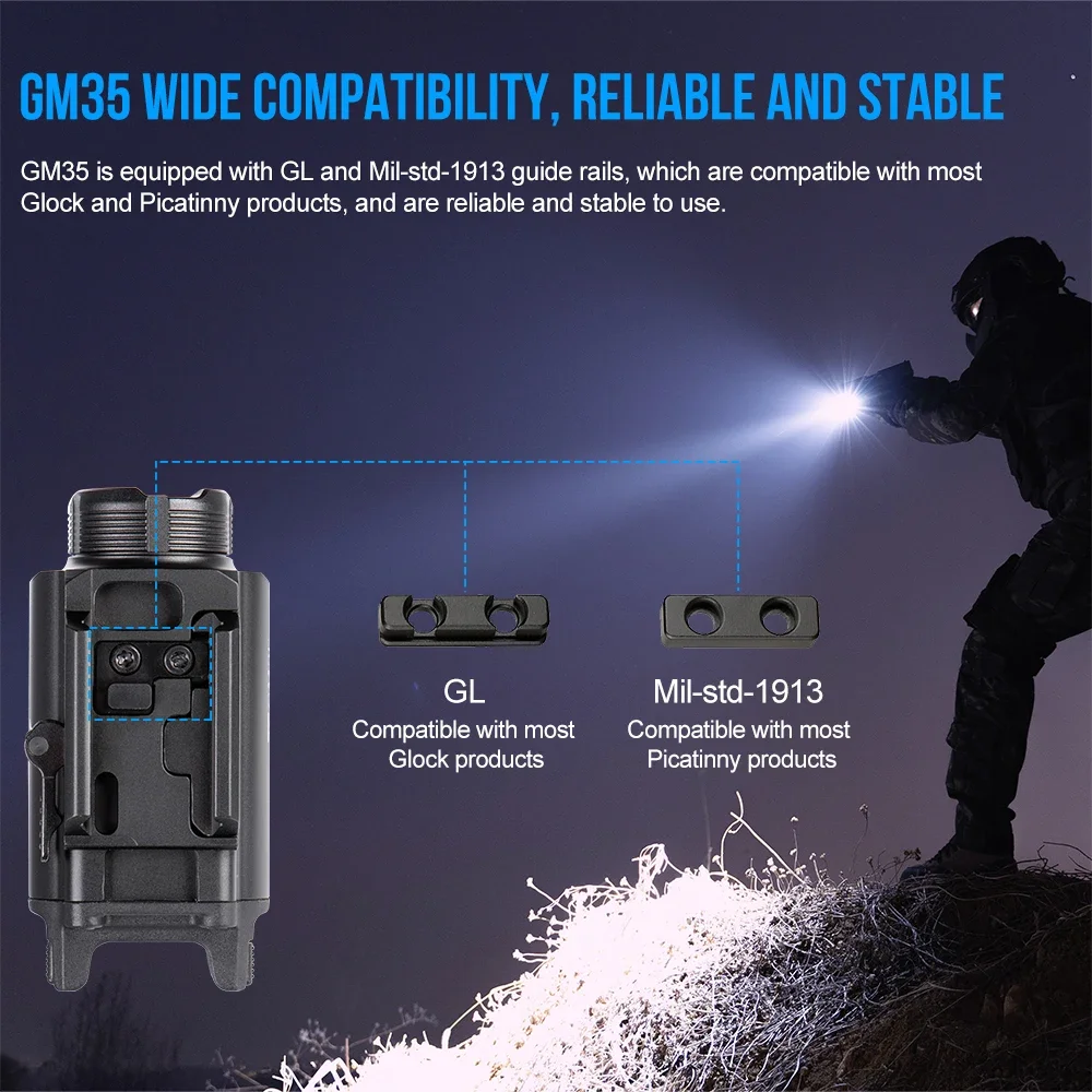 GM35 Tactical LED Flashlights Weapon Mini Pistol Lights 1350Lumens USB Rechargeable Quick Release Handgun 1913/GL Rail