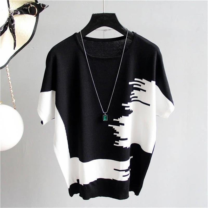 Women's Clothing Simple Patchwork Elegant Ice Silk Knit T Shirt Summer Trendy Casual Loose Round Neck Short Sleeve Pullover Tops