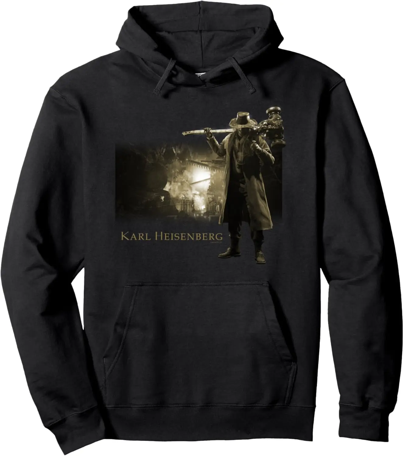 Resident Evil Village Karl Heisenberg Official Hoodie – Fleece-Lined Apparel with Vintage Gold-Tone Character Print,