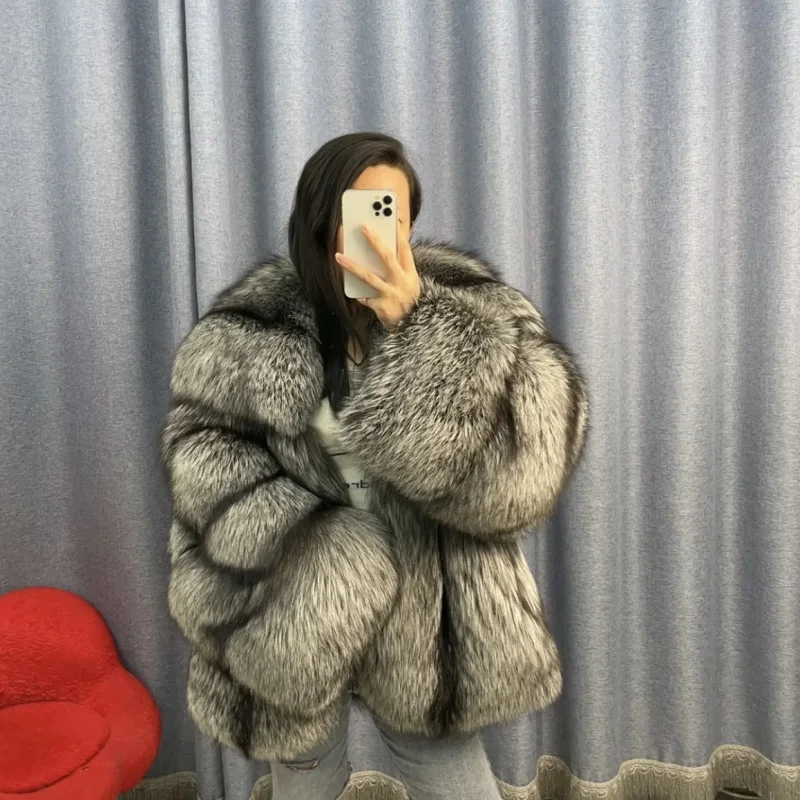 New Fashion Fox Fur Winter Women Jacket Real Natural Silver Fox Fur Coat  Whole Skin Fur Thick Soft  Warm Fox Fur Jacket