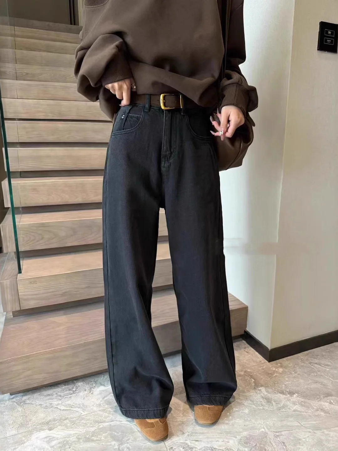 

Женские джинсы с высокой талией, на флисовой подкладке, широкие, свободного кроя, прямые, в пол, для повседневной носки, зимняя коллекция