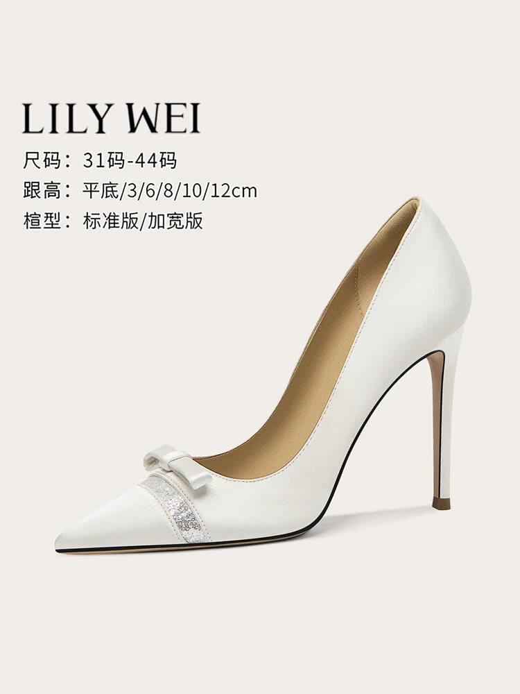 

Spring new shallow sequin satin bow flat single shoes thin high-heeled waterproof table banquet large size small size women shoe