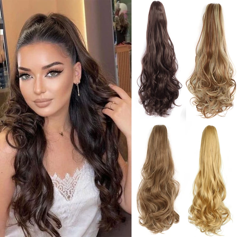 

Long Curly Wavy Ponytail Hair Extensions Claw Clip on Ponytail Synthetic 24" Heat-Resistant Brown Horse Tail Hairpiece for Women