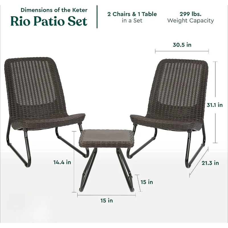 3 Piece Resin Wicker Patio Furniture Set with Side Table and Outdoor Chairs for Front Porch and Backyard Decor