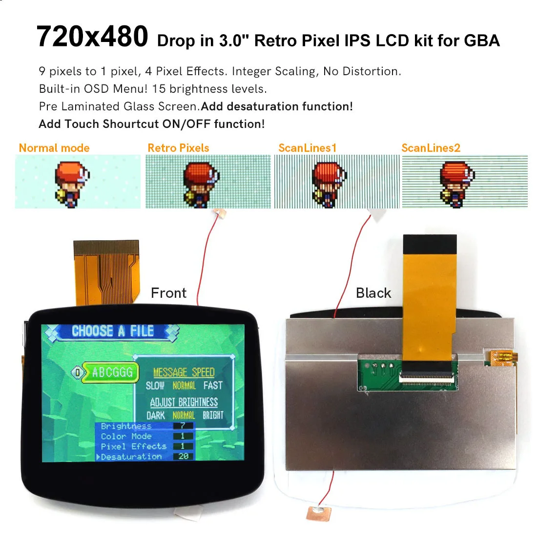 

Add Desaturation 720x480 HD V5 Laminated Retro Pixel IPS Backlight LCD For GBA Console For Gameboy Advance IPS LCD With Shell