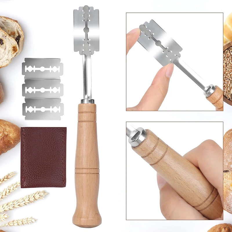 Bread Cutter Wooden Handle Bread Lame Slashing Tool With 5 Razor Blades Leather Cover Curved Dough Scoring Knife Baking Tool