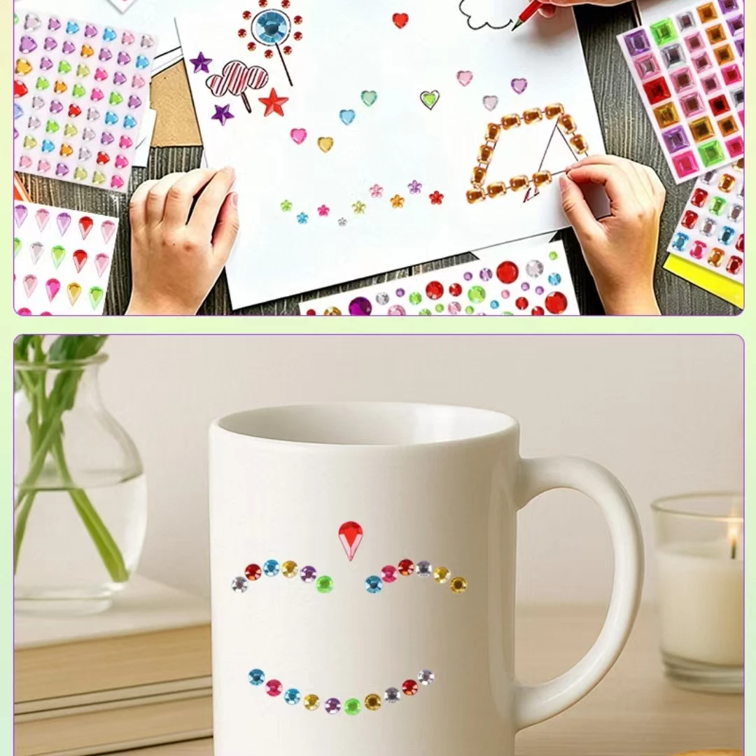 8-Piece Set of Colorful Diamond Stickers, Handmade Stickers with Various Designs Such as Hearts, Five-Pointed Stars, Stars, Circles, Pearls, Flowers, and More Colorful Patterns. Diamond Sticker Pack for Decoration and Face Stickers