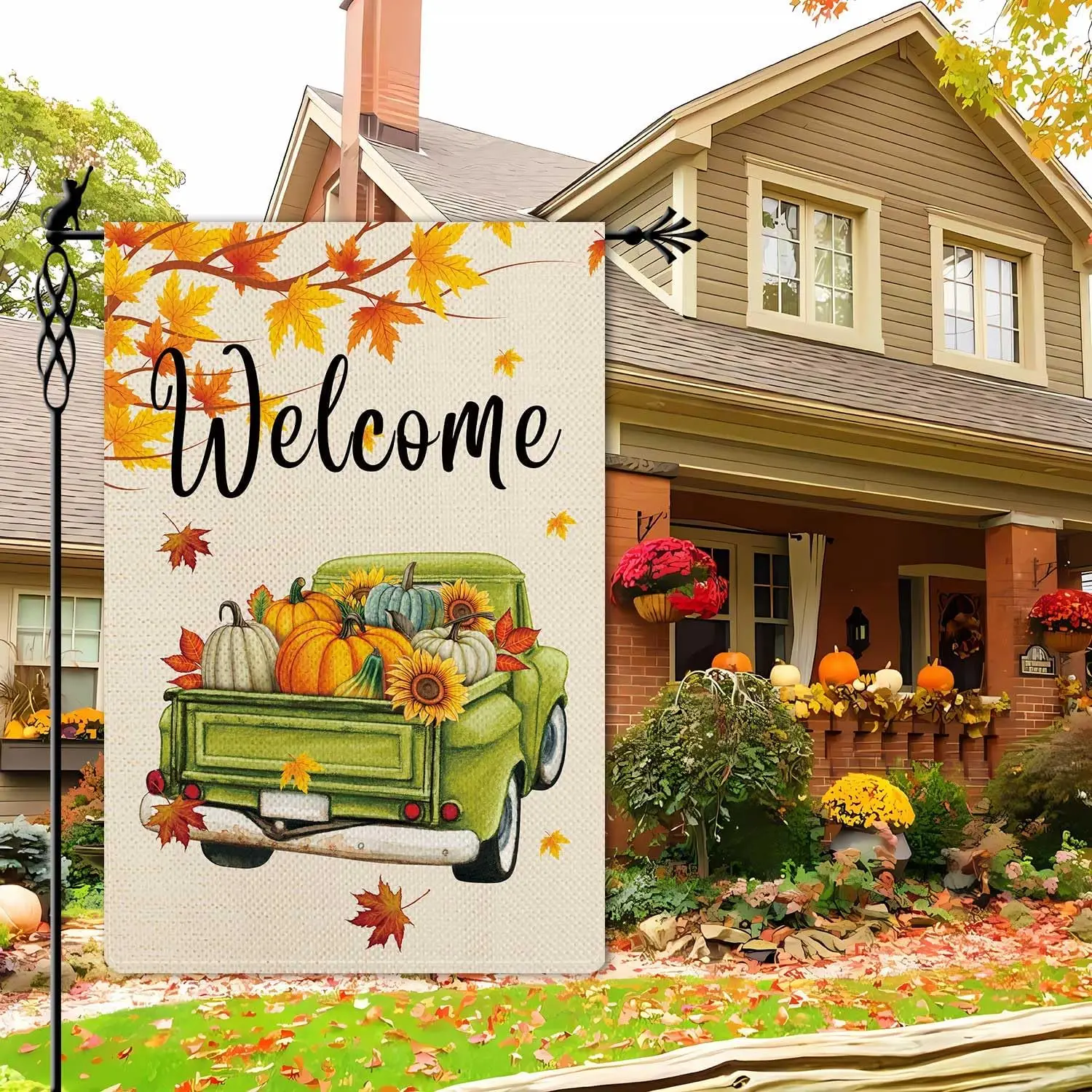 Welcome Fall Garden Flag Pumpkin Truck Garden Flag Hello Autumn Vertical Double Sided Rustic Farmland Burlap Yard Lawn Outdo yyi