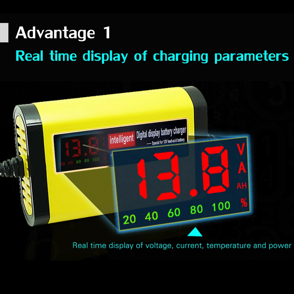 شاحن دراجة نارية مع شاشة LCD ، 12 فولت ، 2 أمبير ، أوتوماتيكي بالكامل ، 3 مراحل ، حمض الرصاص ، AGM ، هلام ، ذكي