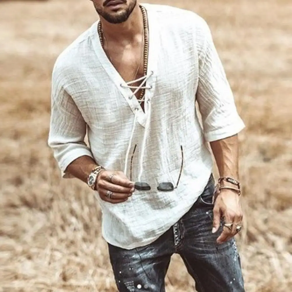 

Stylish Men's Casual Cotton Linen Shirt Half Sleeve V Neck Lace Up Tee Shirts Bohemian Vintage Beach Summer Top