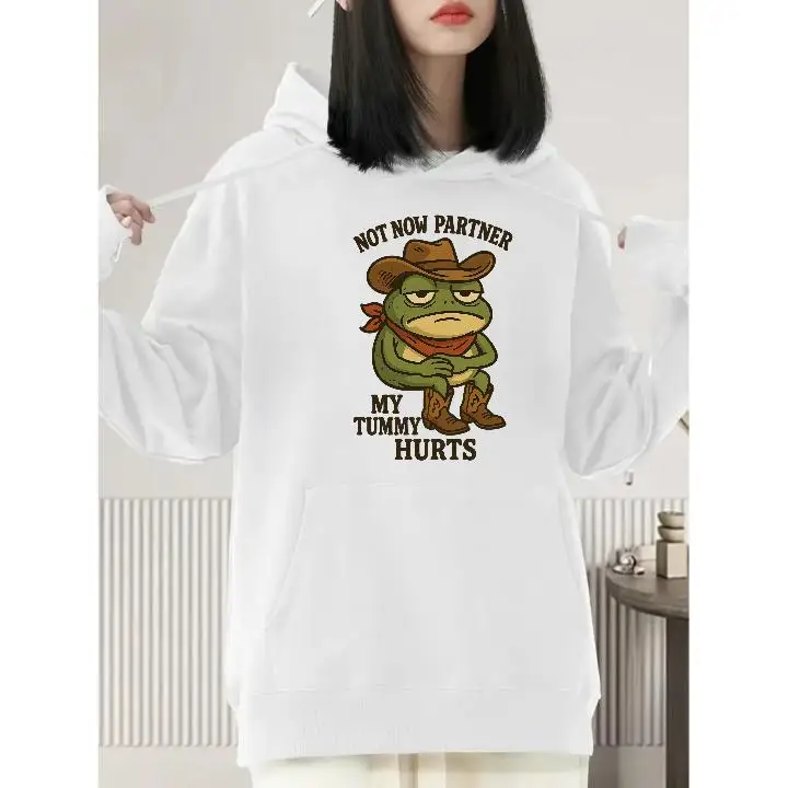 

Funny Cowboy Frog Hoodie, My Tummy Hurts Graphic Pullover, Women's Oversized Sweatshirt, Western Style Humor Top