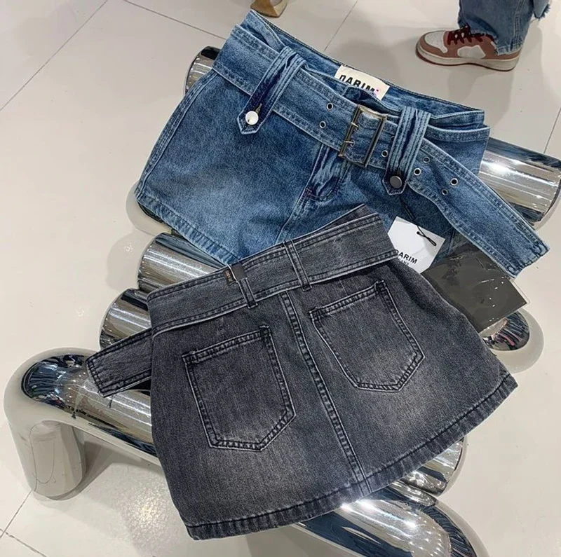 Y2K Belt Denim Mini Skirts Women Streetwear Club High Waist Jeans Skirt Vintage Harajuku Korean Slim All Match A Line Skirt New