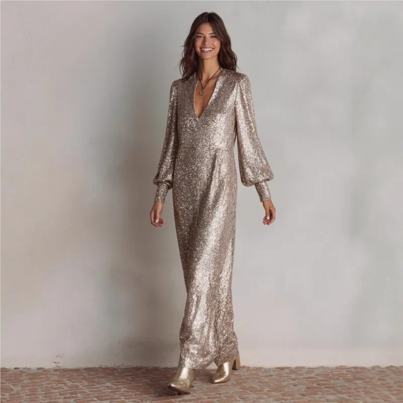 

Elegant Sequined Evening Dress 2026 Solid color Loose Deep V-neck Lantern Sleeves Shiny Maxi Dresses Dinner Party Robe