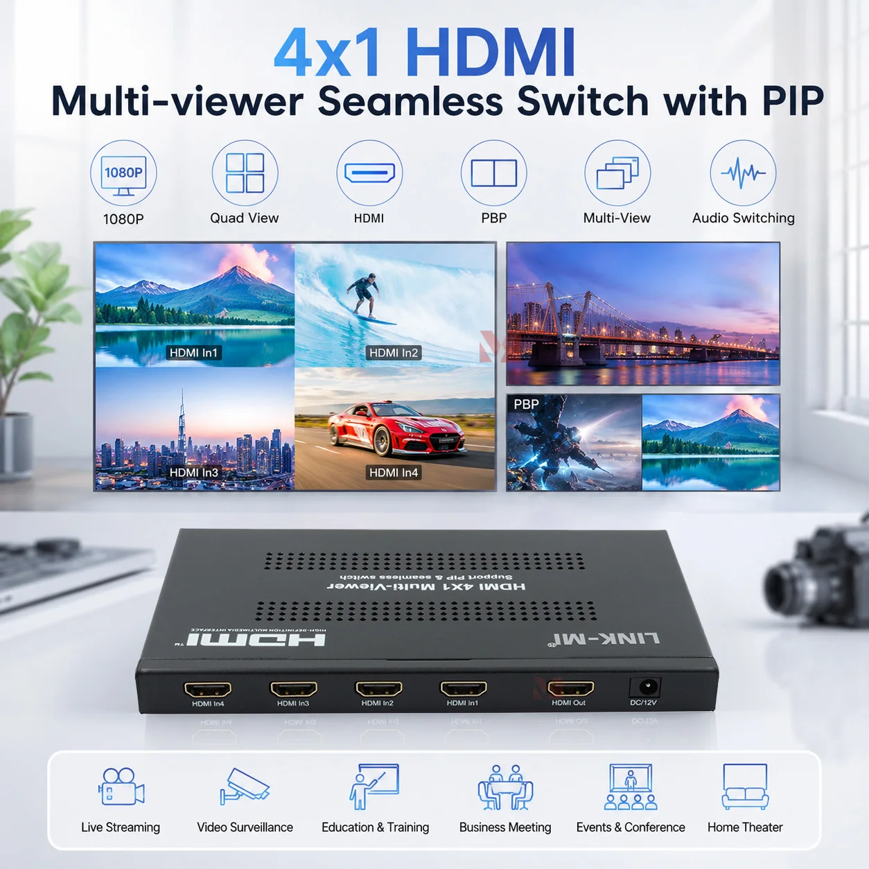 

LINK-MI 4X1 HDMI Multi-Viewer 1080P/60Hz Audio Video Seamless Switch No black screen 4 in 1 out Seamless Switch 4X1 Multiviewer