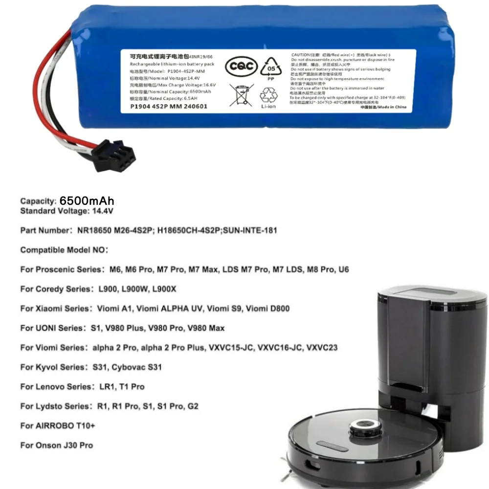 

6500mAh H18650CH-4S2P 14.4V Battery Suitable for Xiaomi Lydsto R1 Pro HD-STYTJ-W03 S1 YM-S1-W03 G2 Robotic Vacuum Cleaner