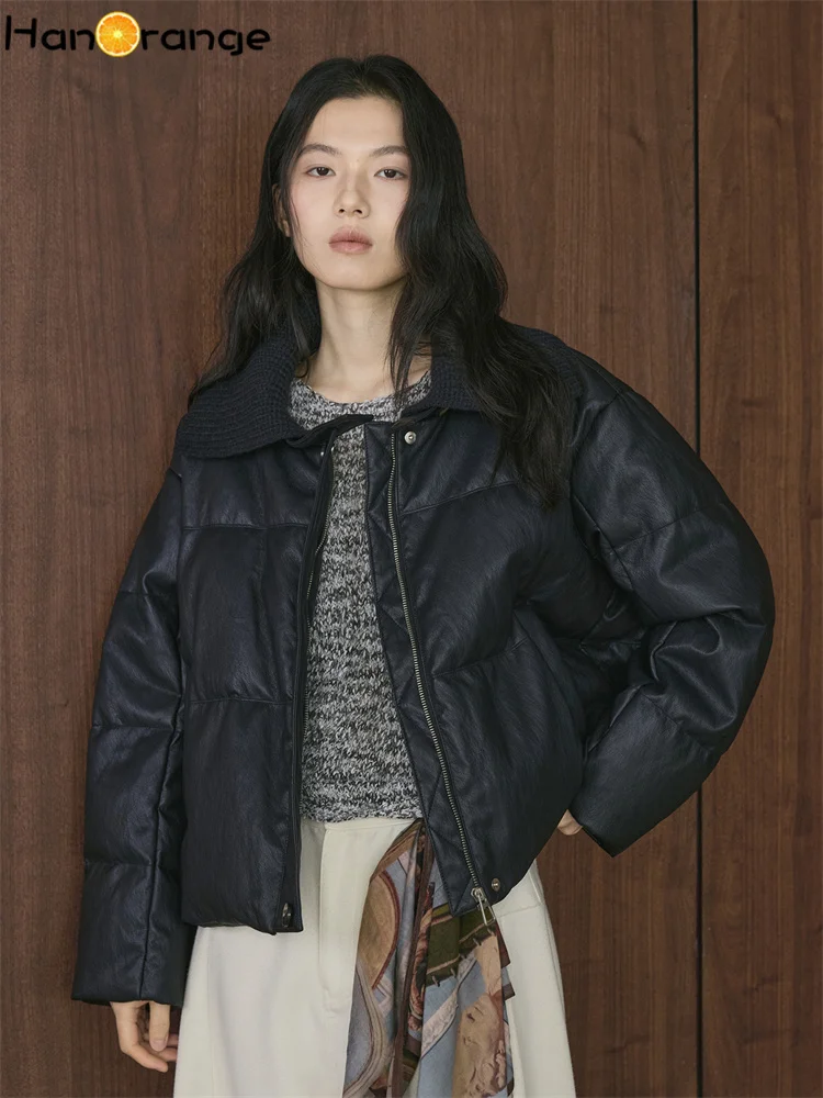 HanOrange 2025 موضة الشتاء الربط بولي White White Duck أسفل سترات المرأة سترة دافئة مريحة أسود أزرق داكن #1