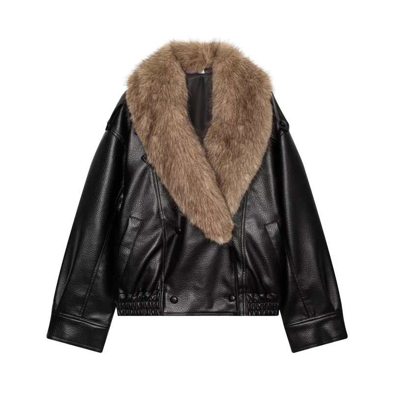 Guobioziy Ladies Faux Fur Collar Faux Leather Moto Jacket Epaulet Detail Elastic Hem Loose Cropped Warm Fall Winter Short Outer