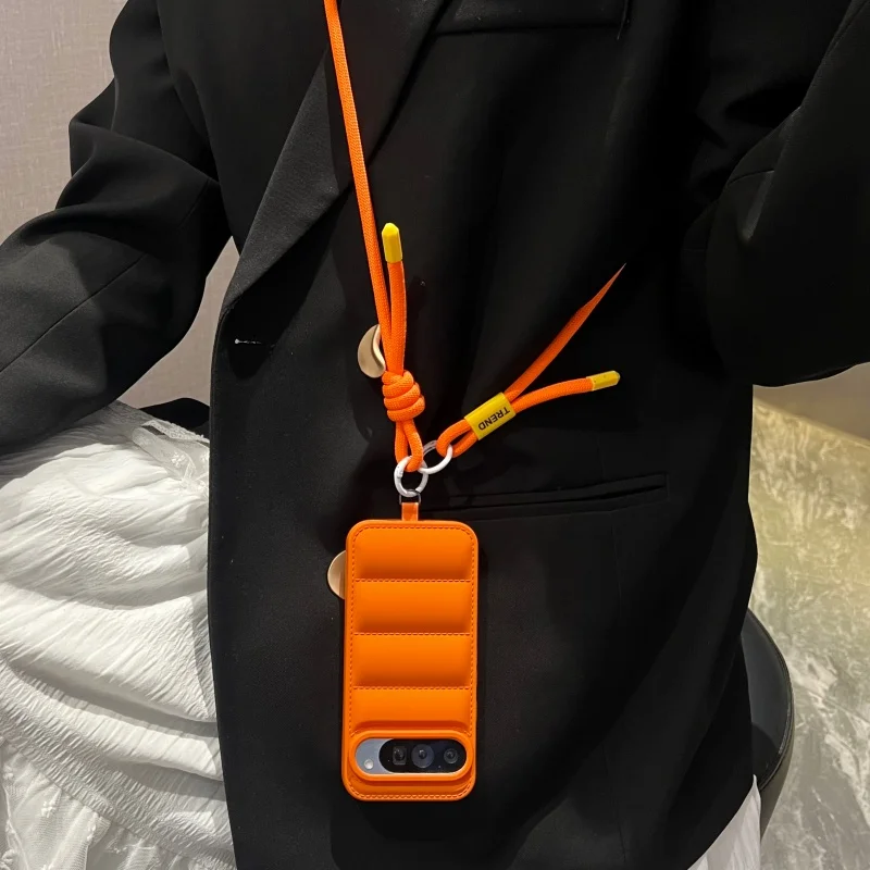 Fashion Down Jacket Adjustable Lanyard Crossbody Case For Google Pixel 10 9 9A 8 7 7A 6A 6 Pro Long Strap Solid Color Soft Cover