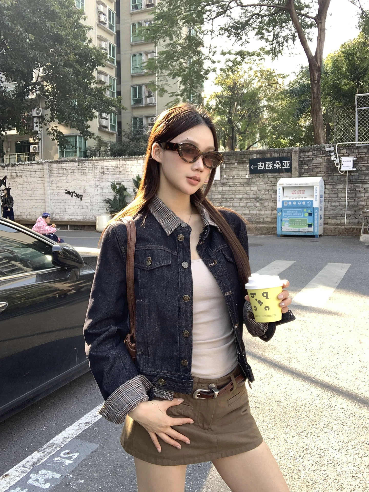 

Red Celebri Denim Jaet Women's ort Sle Korean System Very Good Looking Fake Two-Piece Top Cotton Polyester Lyocell