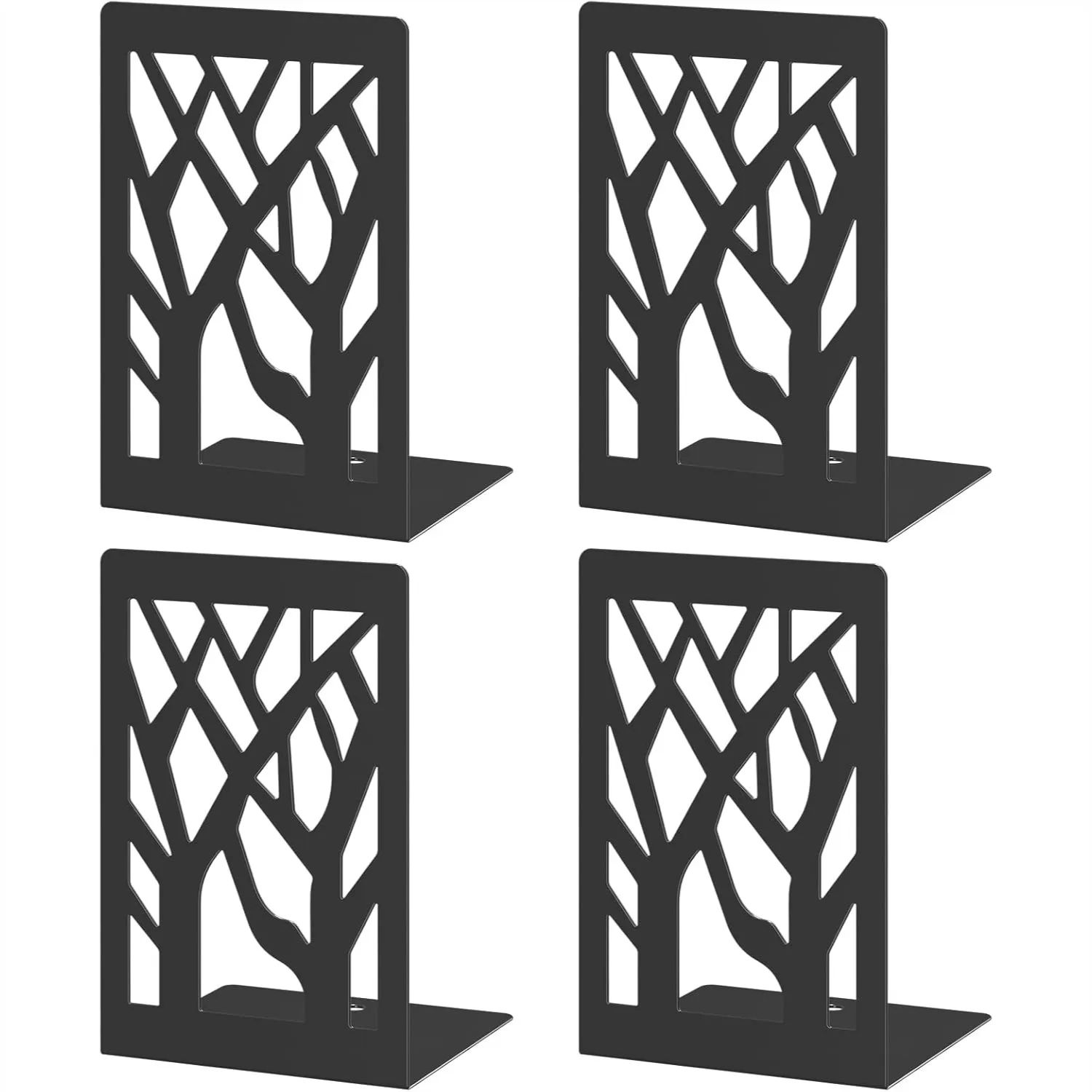 

4-Piece Modern Metal Bookends for Shelves, Black Tree Book Ends for Books, Decorative Organizer for Desk with Non-Skid Pads